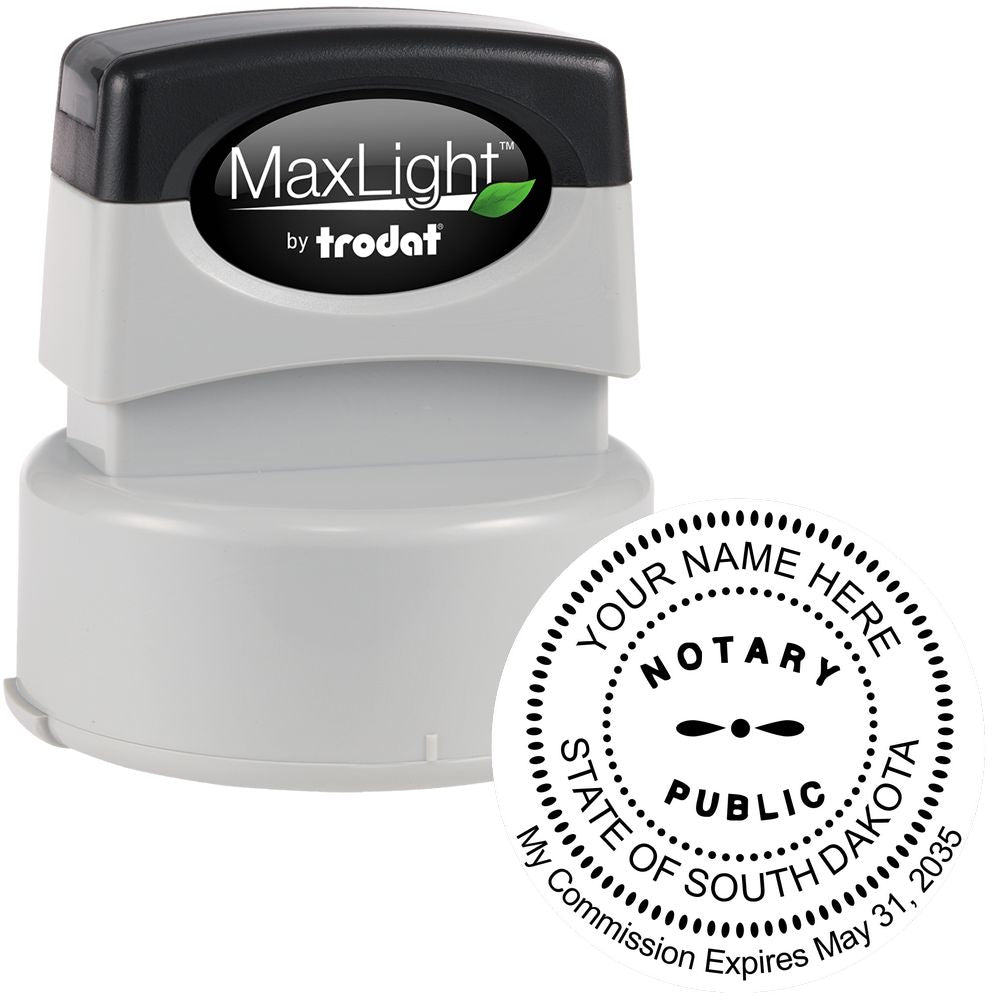 The main image for the Premium Pre-Inked South Dakota MaxLight Notary Public Stamp depicting a sample of the imprint and electronic files