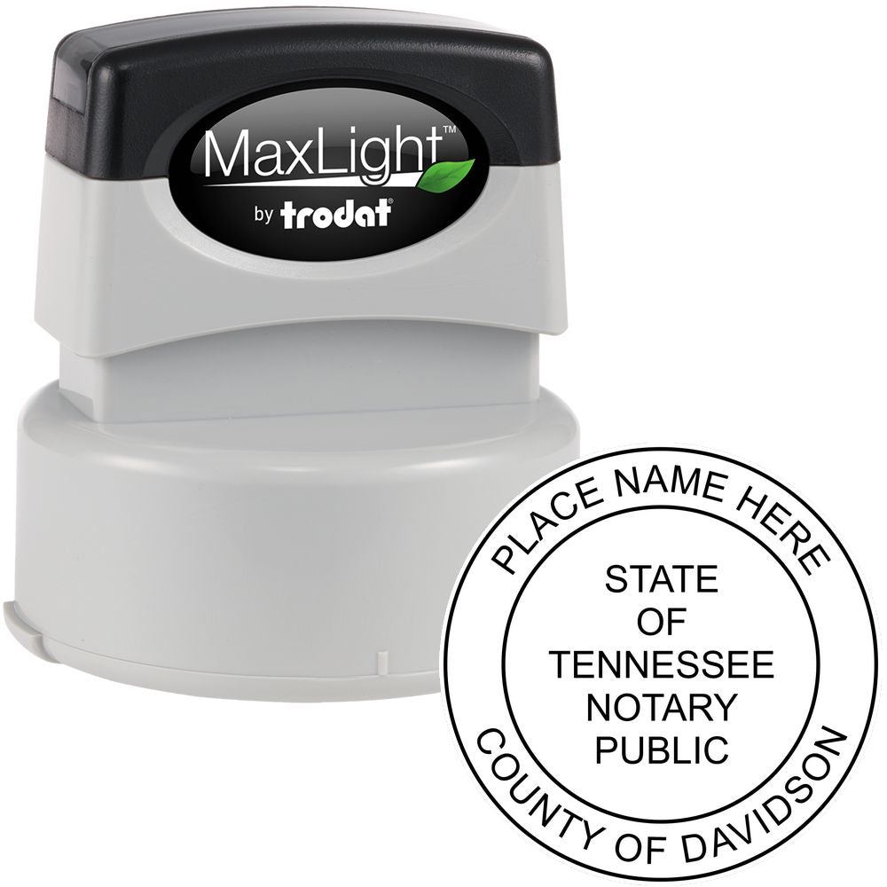 The main image for the Premium Pre-Inked Tennessee MaxLight Notary Public Stamp depicting a sample of the imprint and electronic files
