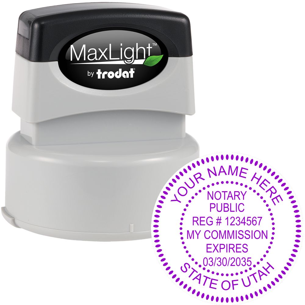 The main image for the Premium Pre-Inked Utah MaxLight Notary Public Stamp depicting a sample of the imprint and electronic files