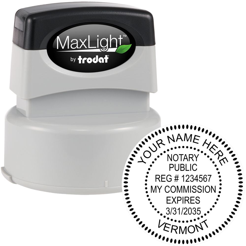 The main image for the Premium Pre-Inked Vermont MaxLight Notary Public Stamp depicting a sample of the imprint and electronic files