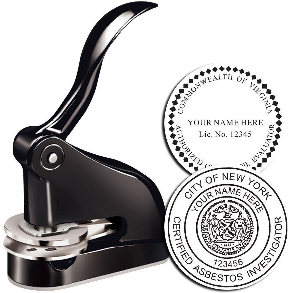 Professional Black Gift Seal Embosser with two sample embossed seals, one for Commonwealth of Virginia and one for City of New York.