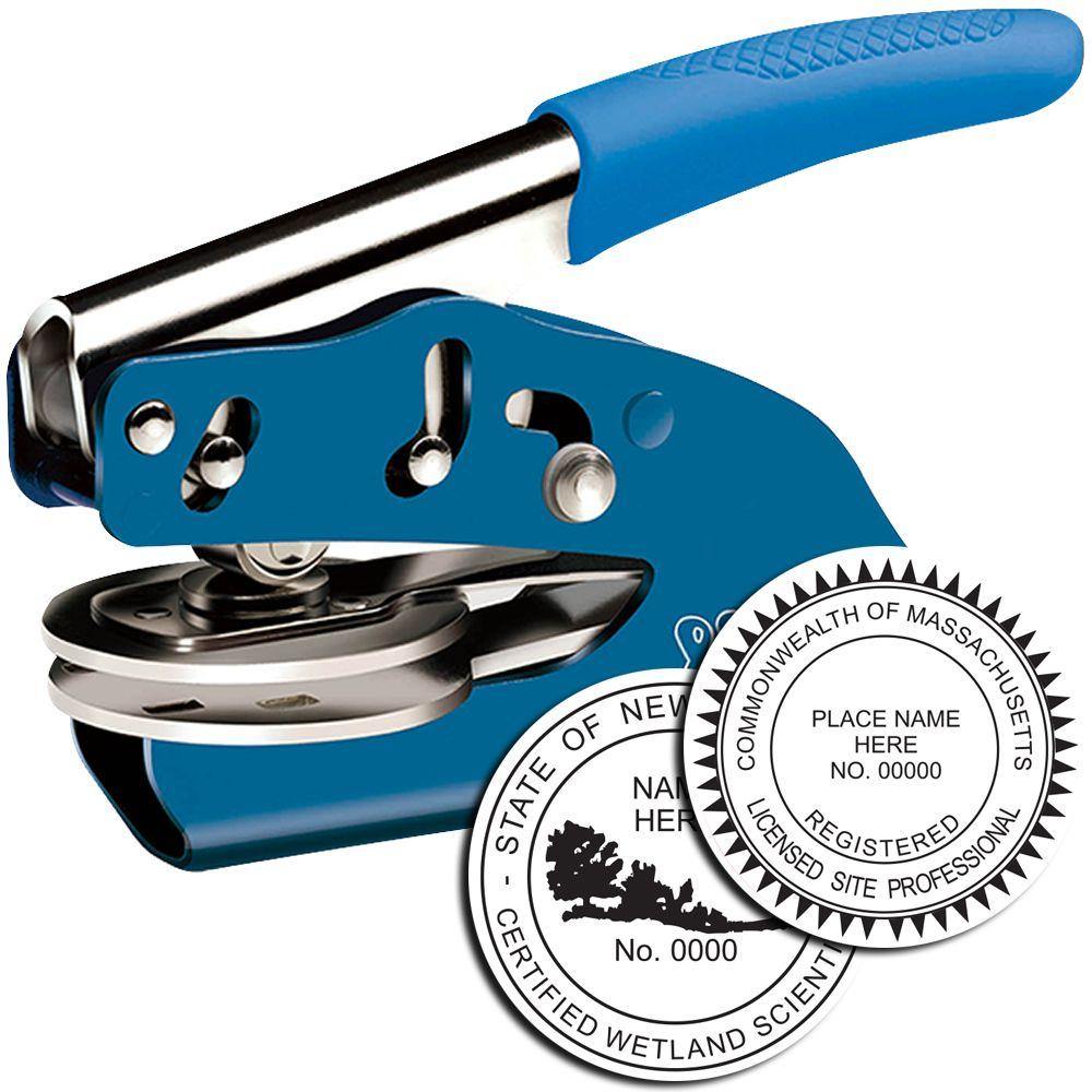 A Professional Blue Soft Seal Embosser with a blue handle is shown with two embossed seals from different US states.