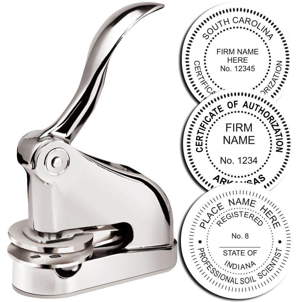 Professional Chrome Gift Seal Embosser with three sample embossed seals for South Carolina, Arkansas, and Indiana, showcasing firm names and numbers.