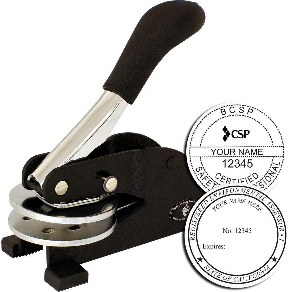Professional Desk Seal Embosser with black handle and metal base, shown with an example embossed seal for certification purposes.