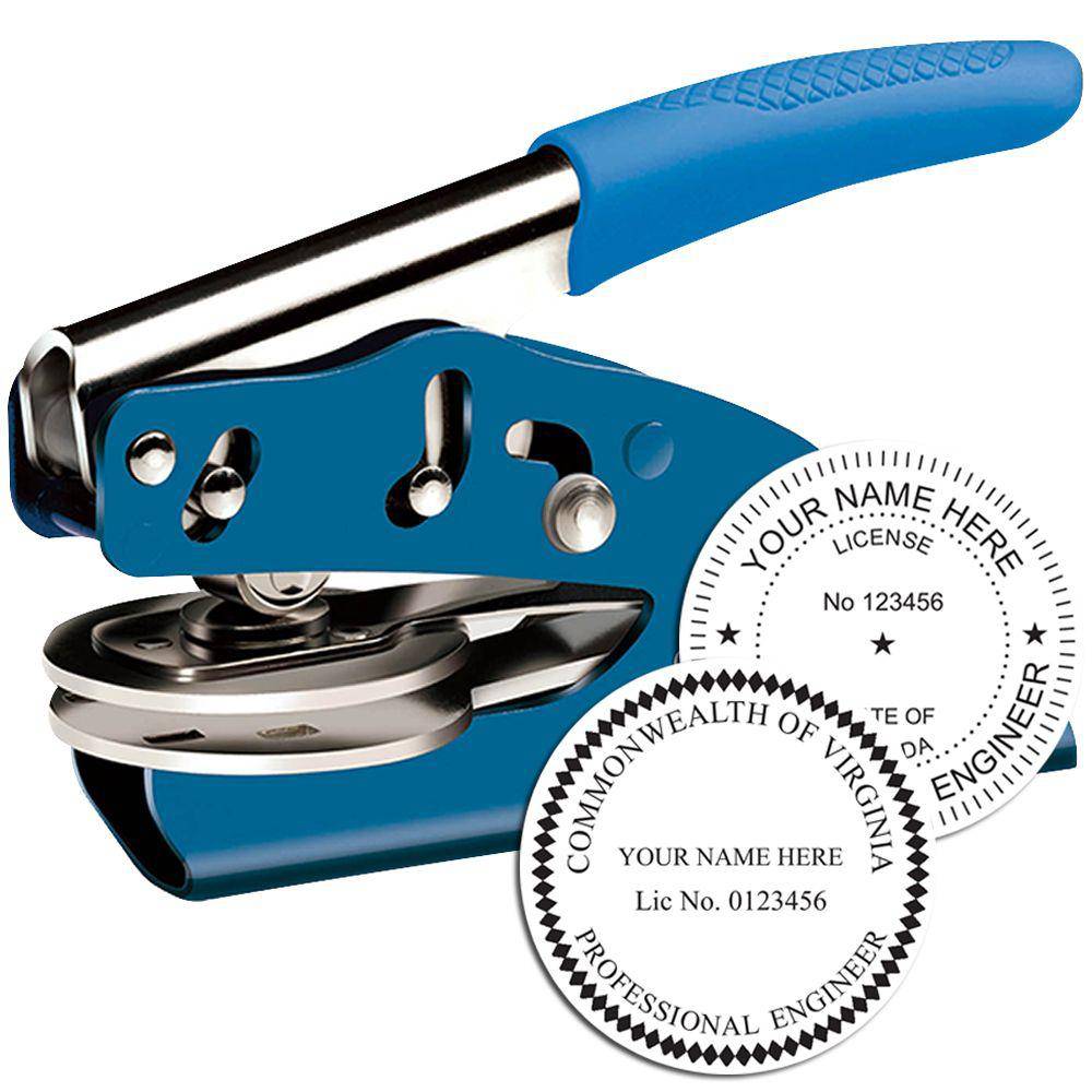 Professional Engineer Blue Soft Seal Embosser with a blue handle, shown with two sample embossed seals displaying customizable text for name, license number, and state.