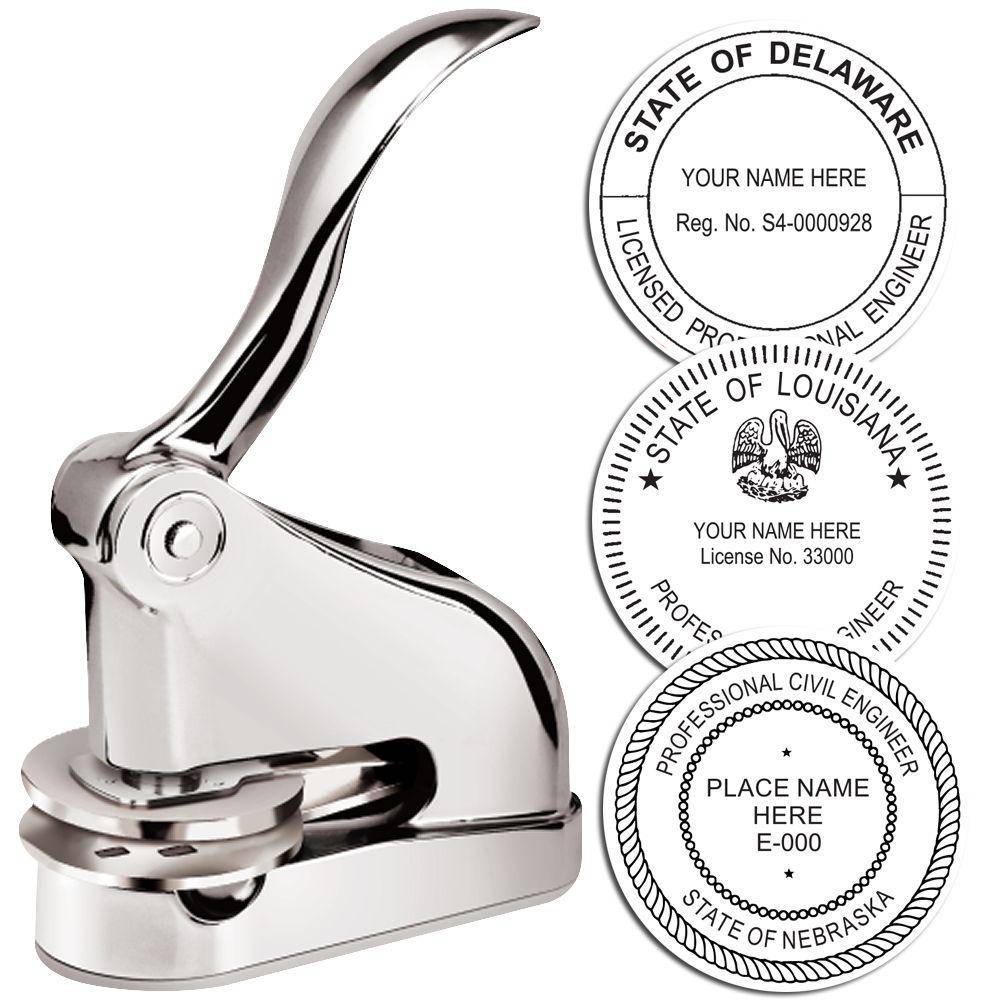 Professional Engineer Chrome Gift Seal Embosser with a sleek, shiny design, shown alongside three sample embossed seals for Delaware, Louisiana, and Nebraska.