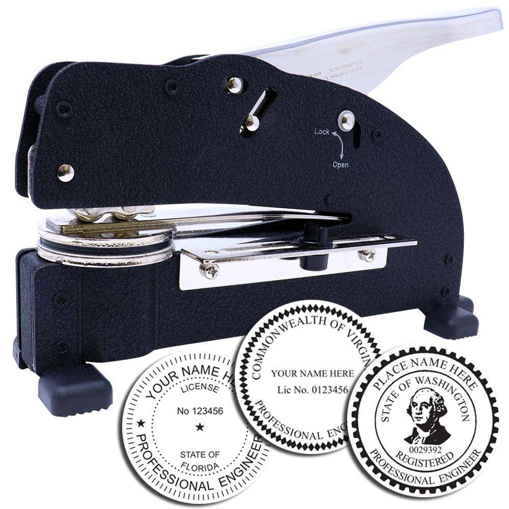 Image of a Professional Engineer Extended Long Reach Desk Seal Embosser with three sample embossed seals showing customizable text for professional engineers. The embosser is black with a silver handle.