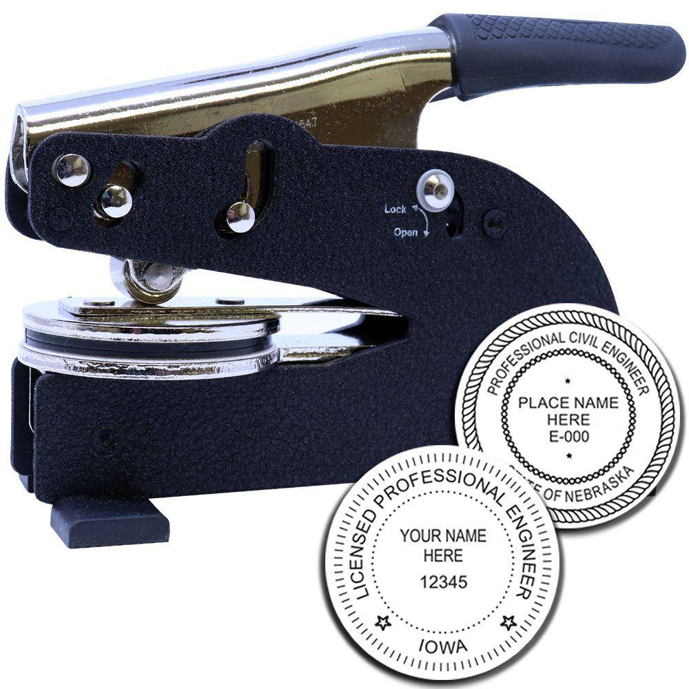 Professional Engineer Long Reach Desk Seal Embosser with a black handle and metal body, shown with two sample embossed seals displaying text for licensed professional engineers.