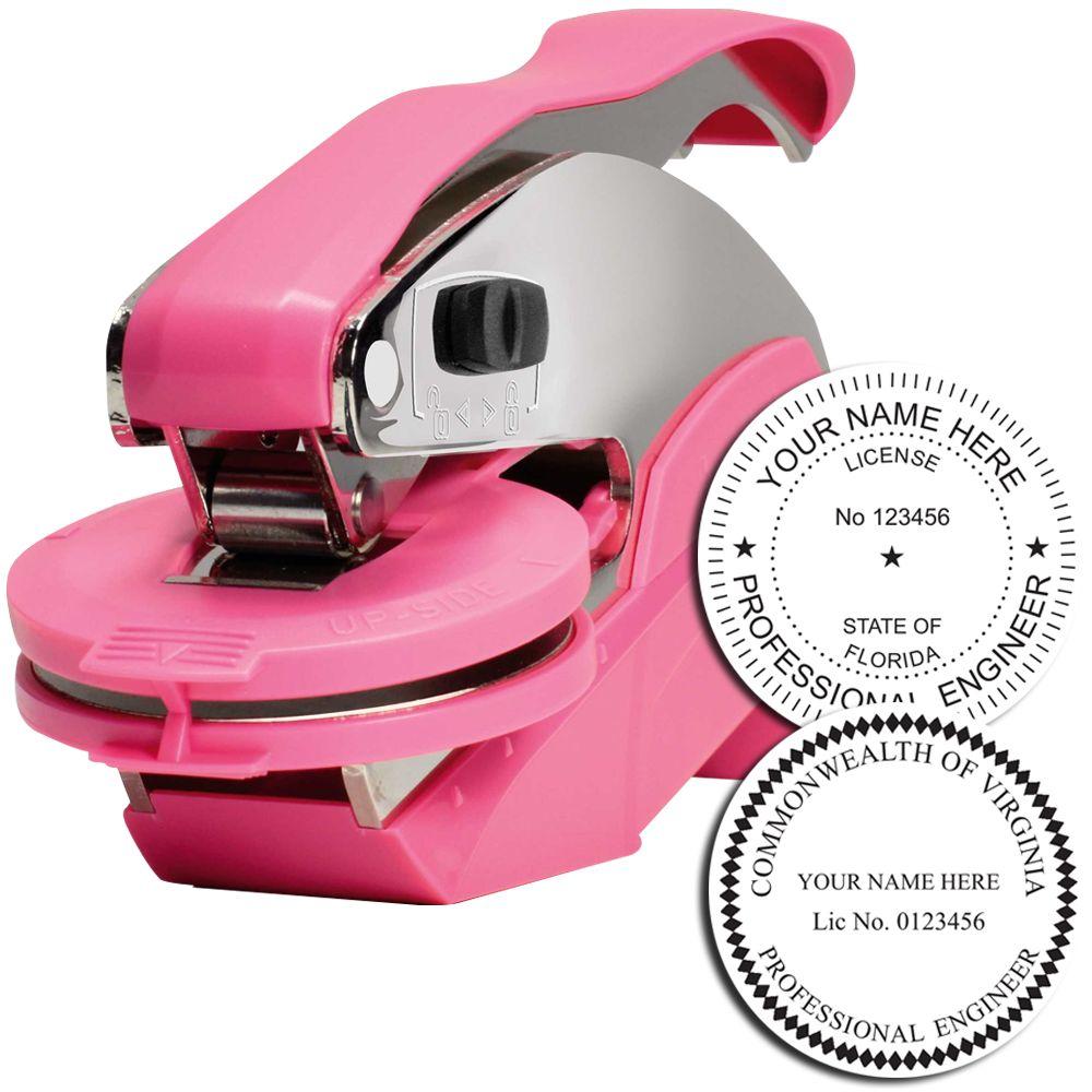 A Professional Engineer Pink Hybrid Handheld Seal Embosser with two seal embosser images showing how seals will look with your name, state, and license number after embossing from it.