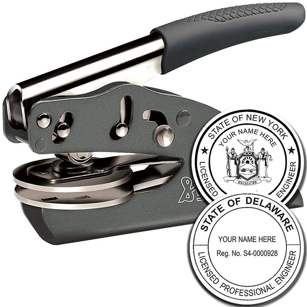 Professional Engineer Soft Seal Embosser with a black handle and metal body, shown with embossed seals for the State of New York and State of Delaware.