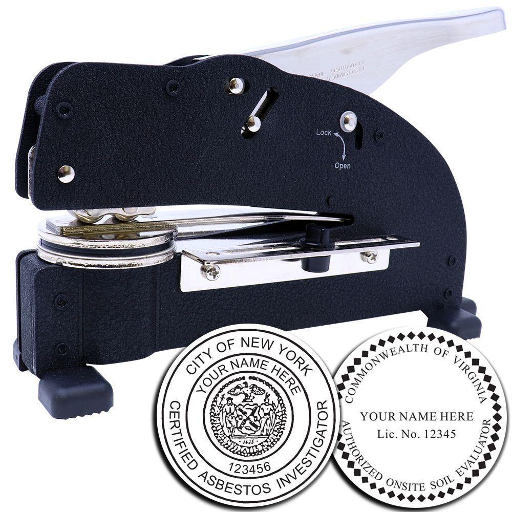 Professional Extended Long Reach Desk Seal Embosser in black, shown with two sample embossed seals, ideal for official document stamping.