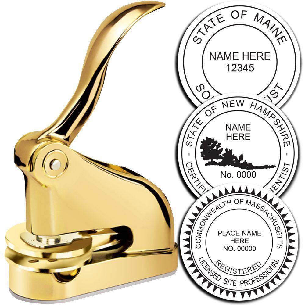 Professional Gold Gift Seal Embosser with a sleek design, shown with embossed seals for Maine, New Hampshire, and Massachusetts.