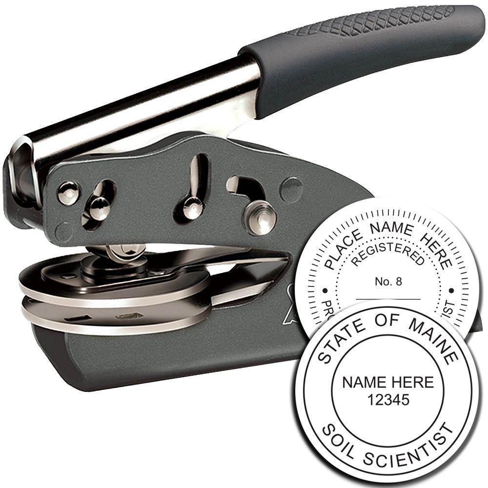 Professional Handheld Soft Seal Embosser with ergonomic handle, shown with an example embossed seal for a soil scientist from the State of Maine.