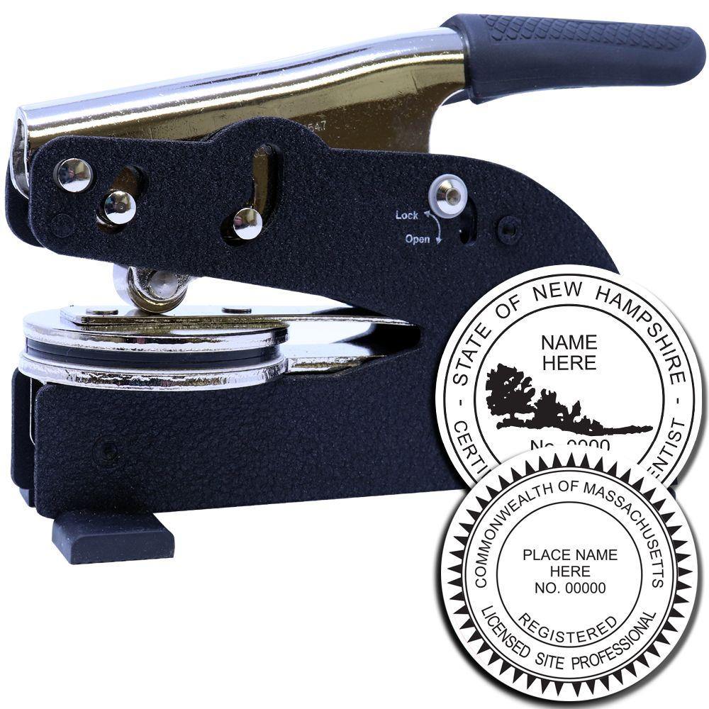 Professional Long Reach Desk Seal Embosser with a black and gold design, shown with sample embossed seals for New Hampshire and Massachusetts.