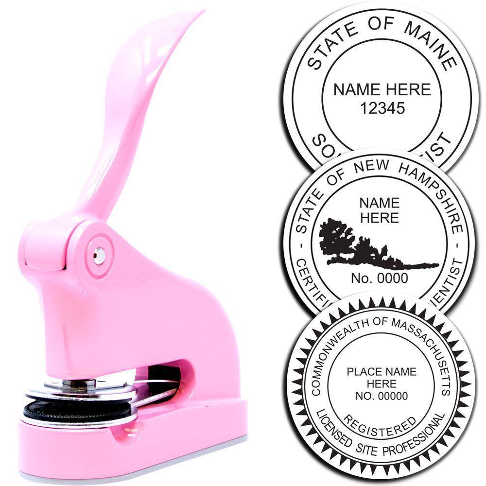 Professional Pink Gift Embosser with a sleek design, shown with three sample embossed seals for Maine, New Hampshire, and Massachusetts.