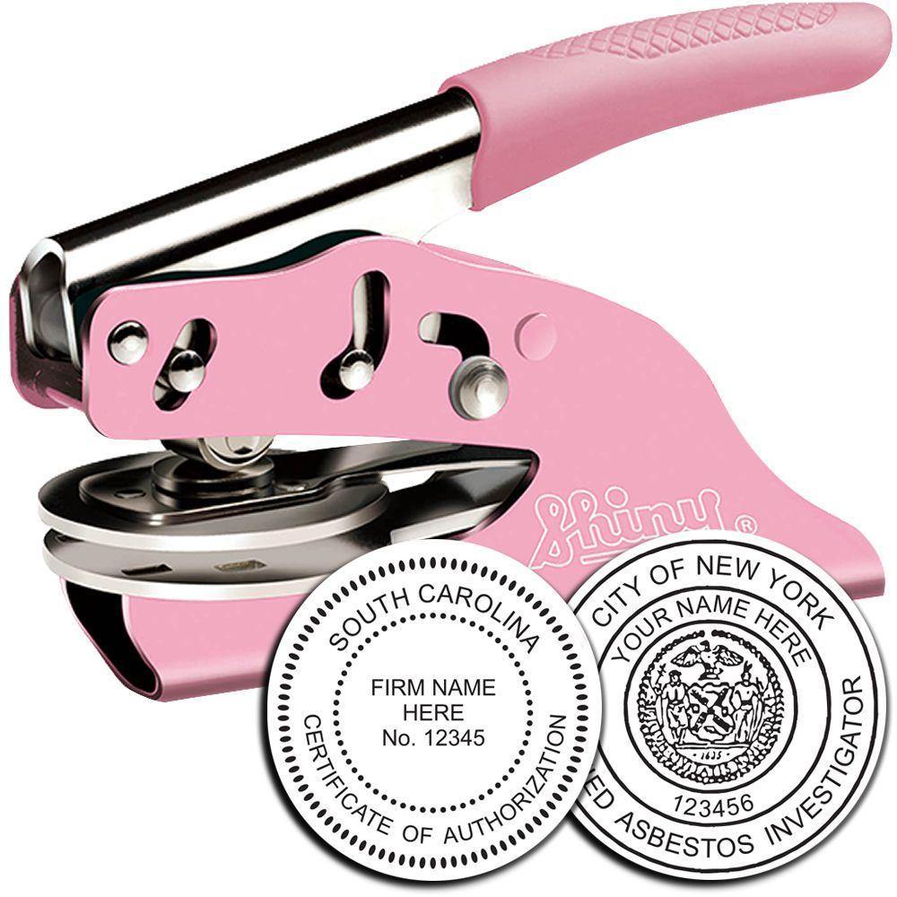Professional Pink Seal Embosser with a pink handle, shown with two sample embossed seals for South Carolina and New York City.