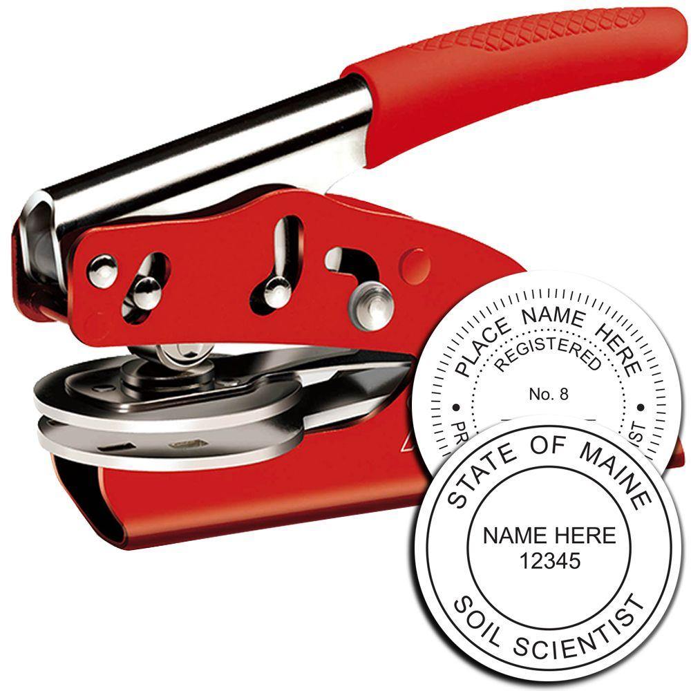 Professional Red Seal Embosser with a red handle and metal components, shown with an example of an embossed seal for a soil scientist.