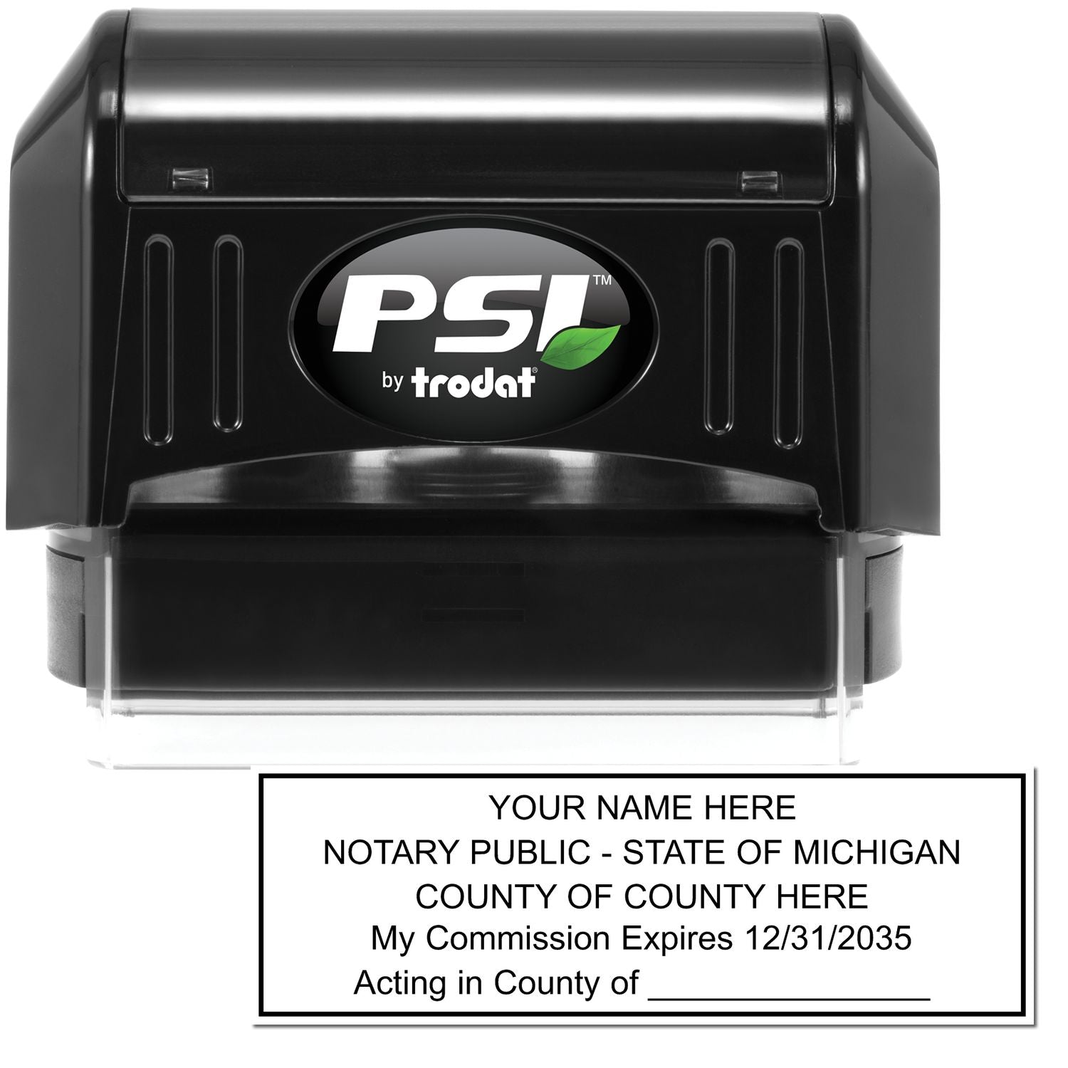 The main image for the PSI Michigan Notary Stamp depicting a sample of the imprint and electronic files