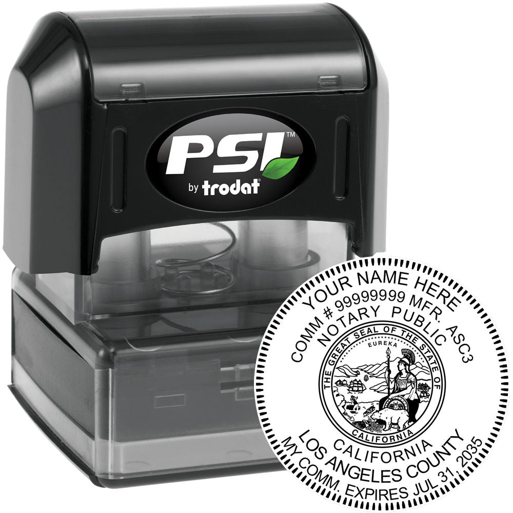 The main image for the PSI Pre-Inked California Notary Stamp depicting a sample of the imprint and electronic files