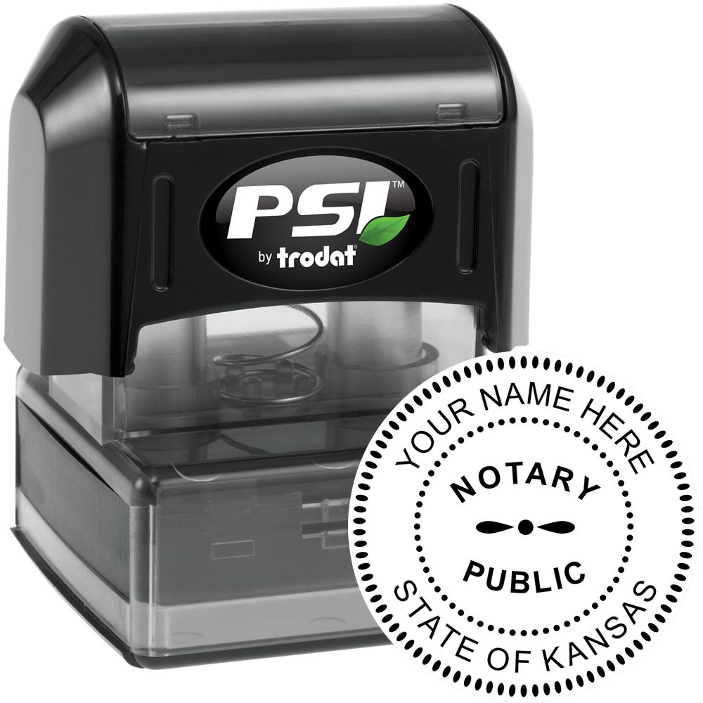 The main image for the PSI Pre-Inked Kansas Notary Stamp depicting a sample of the imprint and electronic files
