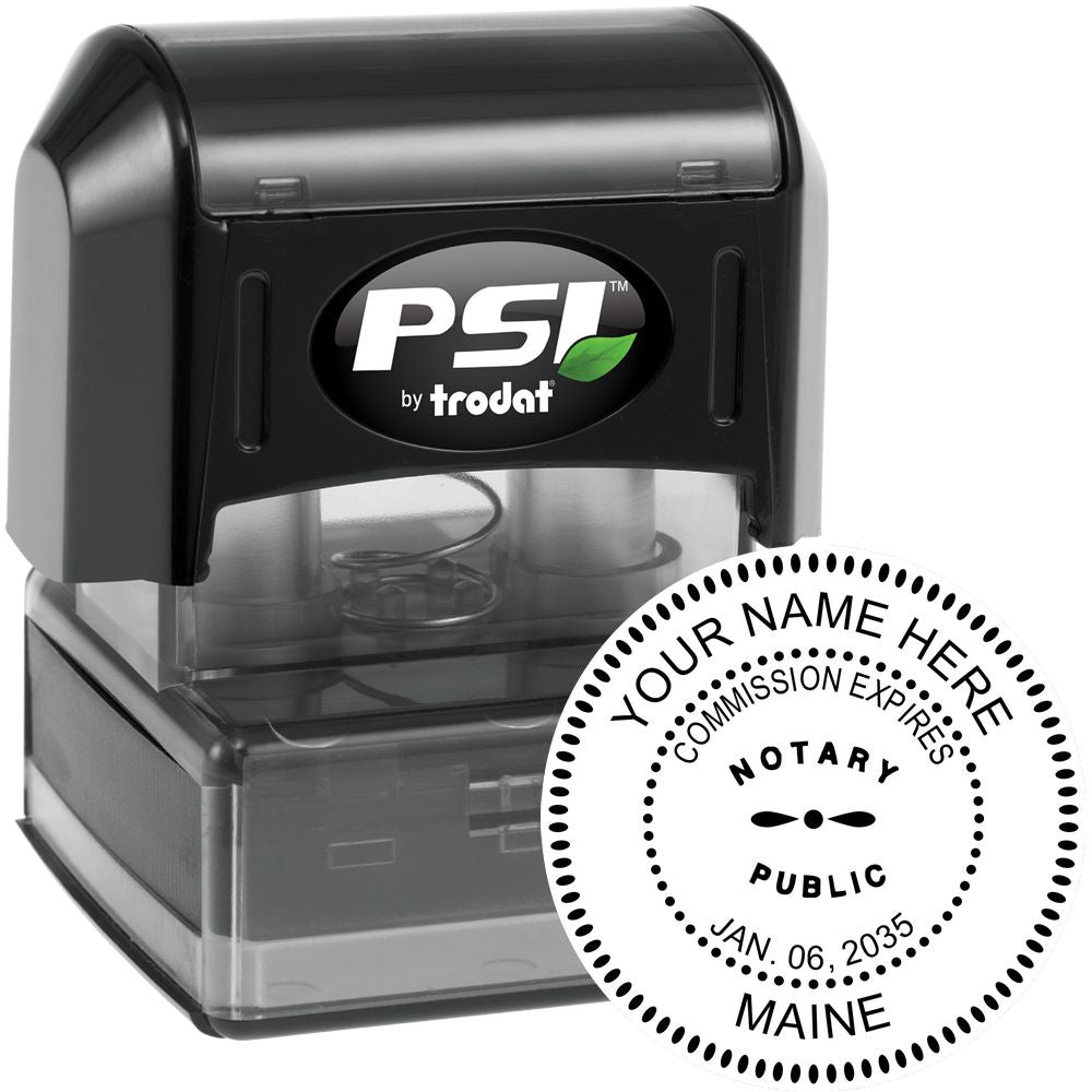 The main image for the PSI Pre-Inked Maine Notary Stamp depicting a sample of the imprint and electronic files