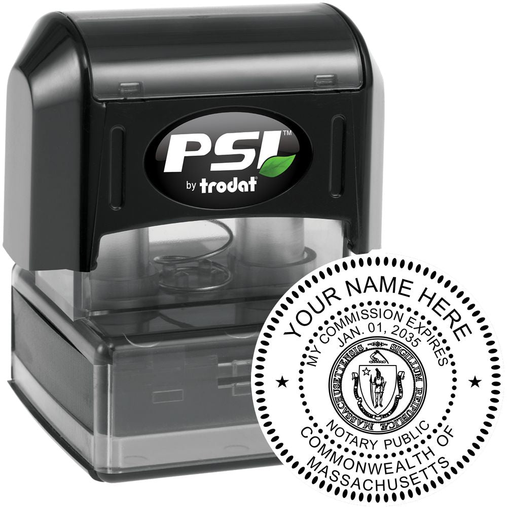 The main image for the PSI Pre-Inked Massachusetts Notary Stamp depicting a sample of the imprint and electronic files