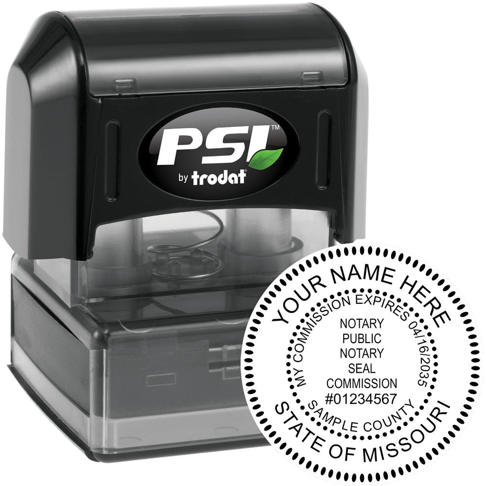 The main image for the PSI Pre-Inked Missouri Notary Stamp depicting a sample of the imprint and electronic files
