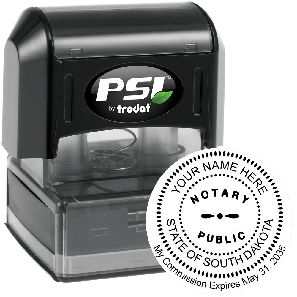 The main image for the PSI Pre-Inked South Dakota Notary Stamp depicting a sample of the imprint and electronic files