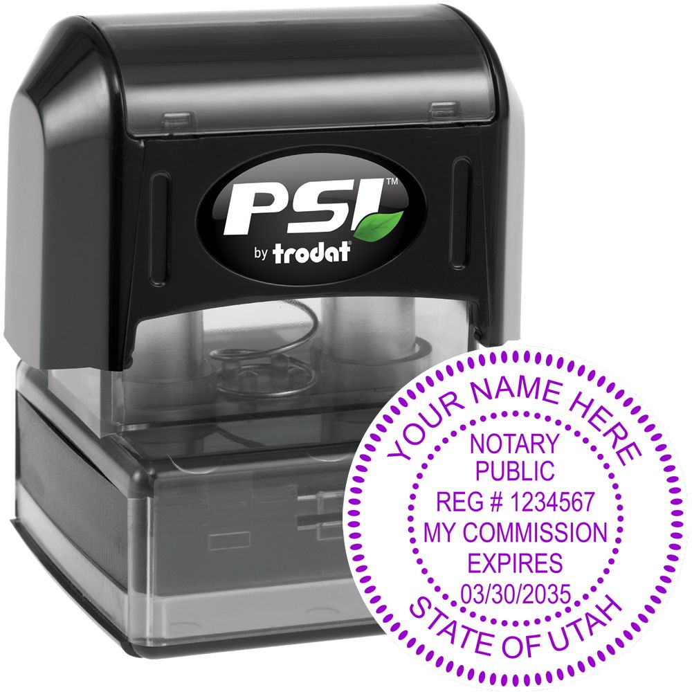 The main image for the PSI Pre-Inked Utah Notary Stamp depicting a sample of the imprint and electronic files