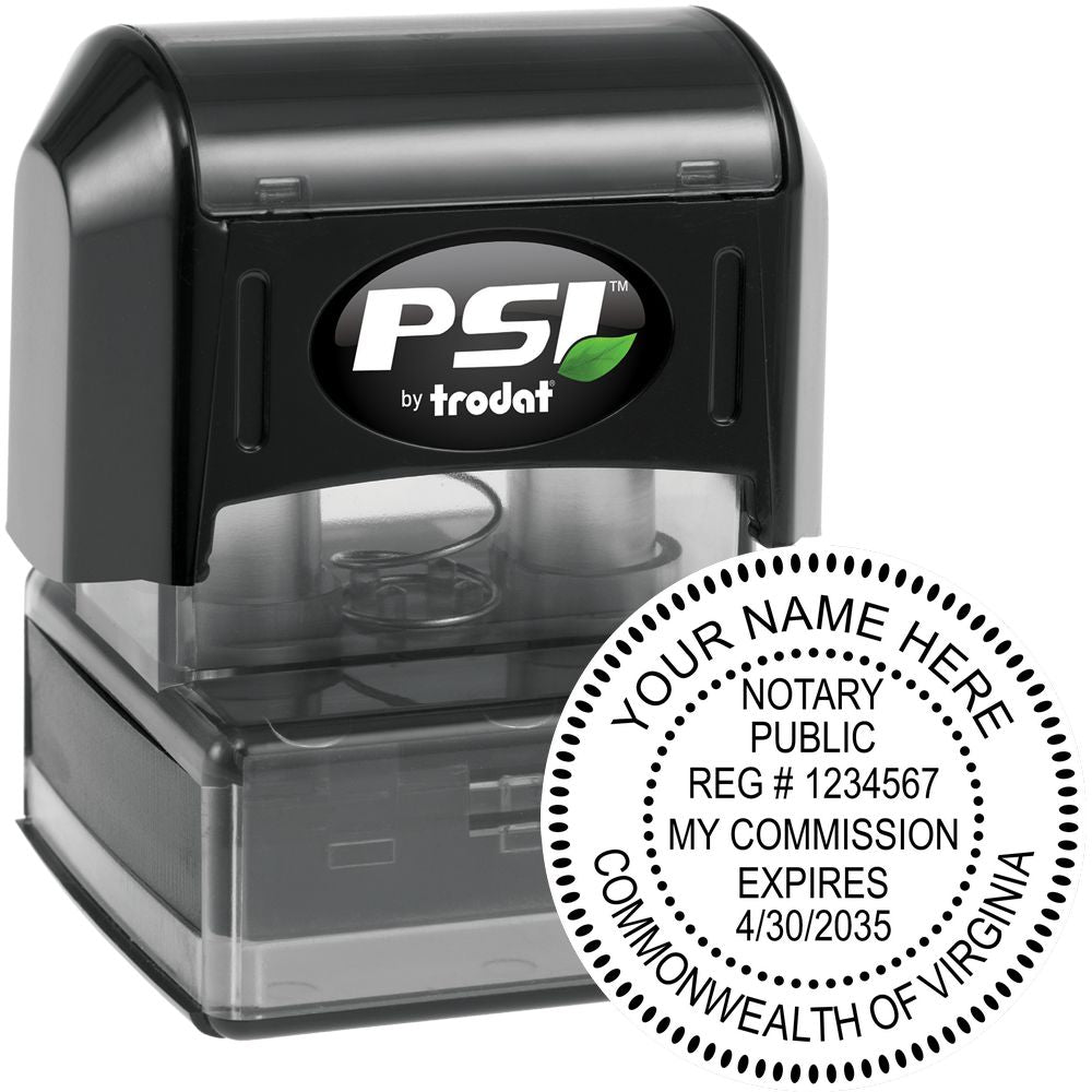 The main image for the PSI Pre-Inked Virginia Notary Stamp depicting a sample of the imprint and electronic files