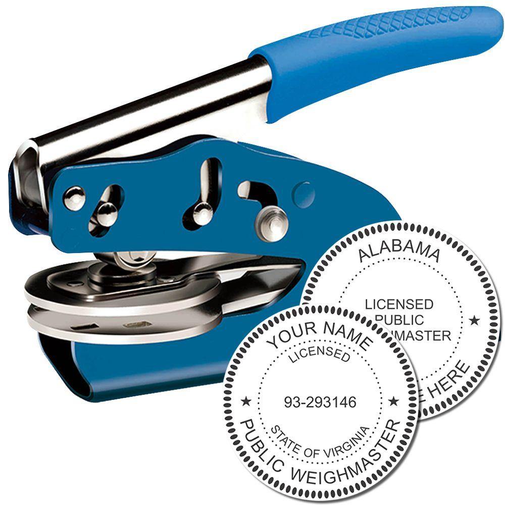 Public Weighmaster Blue Soft Seal Handheld Embosser with blue handle, shown with two sample embossed seals for Alabama and Virginia.
