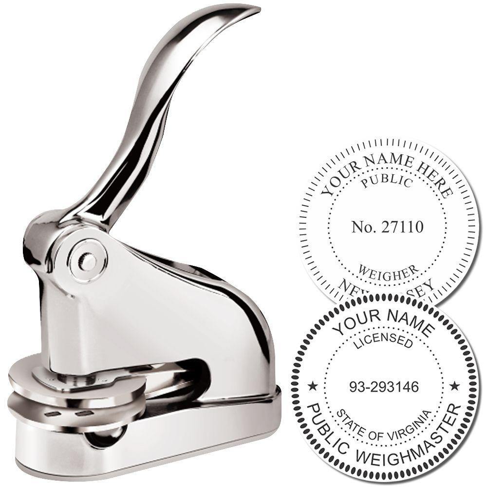 Public Weighmaster Chrome Gift Seal Embosser with sleek design, shown with two sample embossed seals for public weighmaster use.