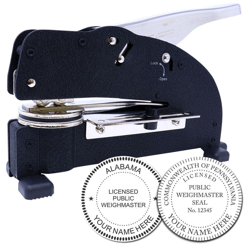 Public Weighmaster Extended Long Reach Desk Seal Embosser in black, shown with two sample embossed seals for Alabama and Pennsylvania.