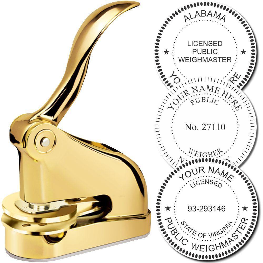 Public Weighmaster Gold Gift Seal Embosser shown with sample embossed seals for Alabama and Virginia, featuring customizable text options.