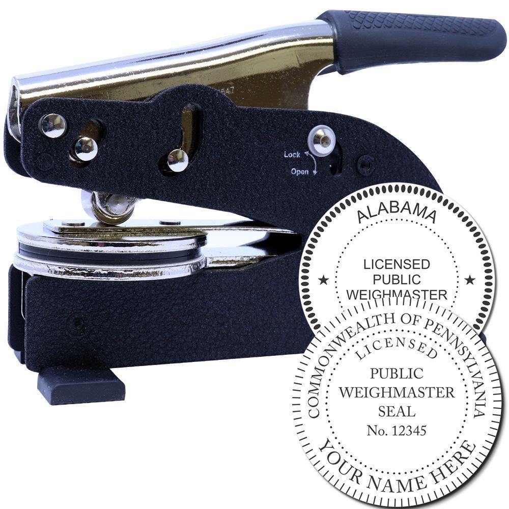 Public Weighmaster Long Reach Desk Seal Embosser with a black handle and metal components, shown with sample embossed seals for Alabama and Pennsylvania.