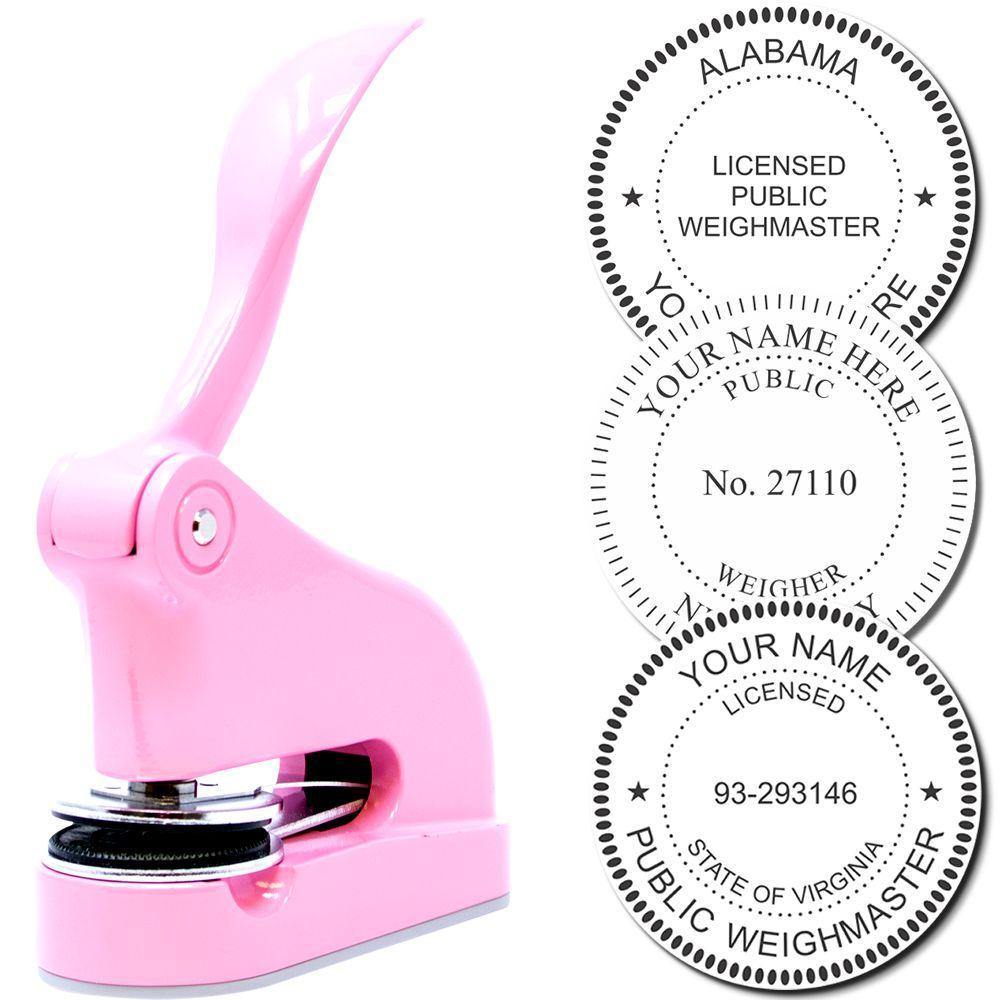 Public Weighmaster Pink Gift Embosser, a handheld device with a pink handle, shown with sample embossed seals for licensed public weighmasters.