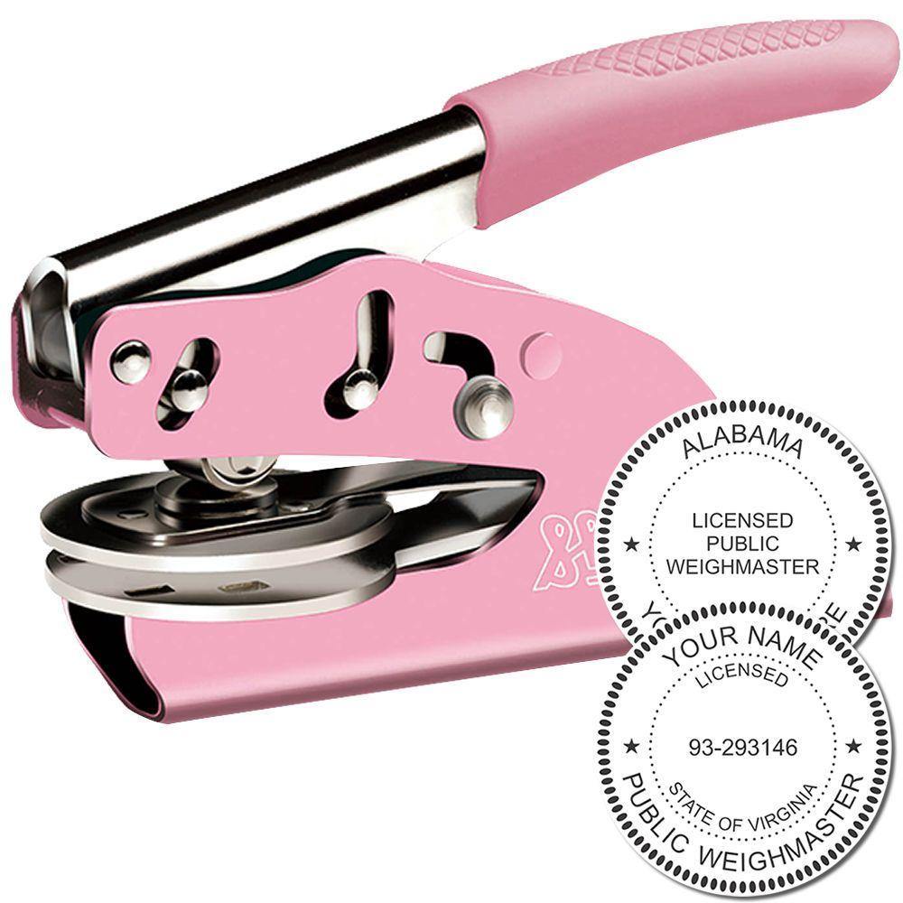 Public Weighmaster Pink Soft Seal Embosser, handheld with a pink handle and metal components, shown with embossed seal examples.