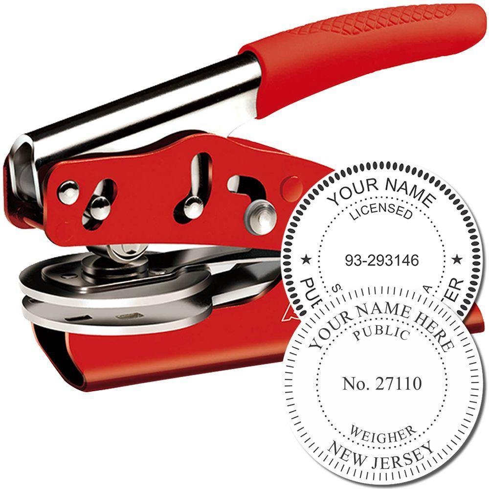 Public Weighmaster Red Soft Seal Embosser with a red handle and metal components, shown with an example of an embossed seal.