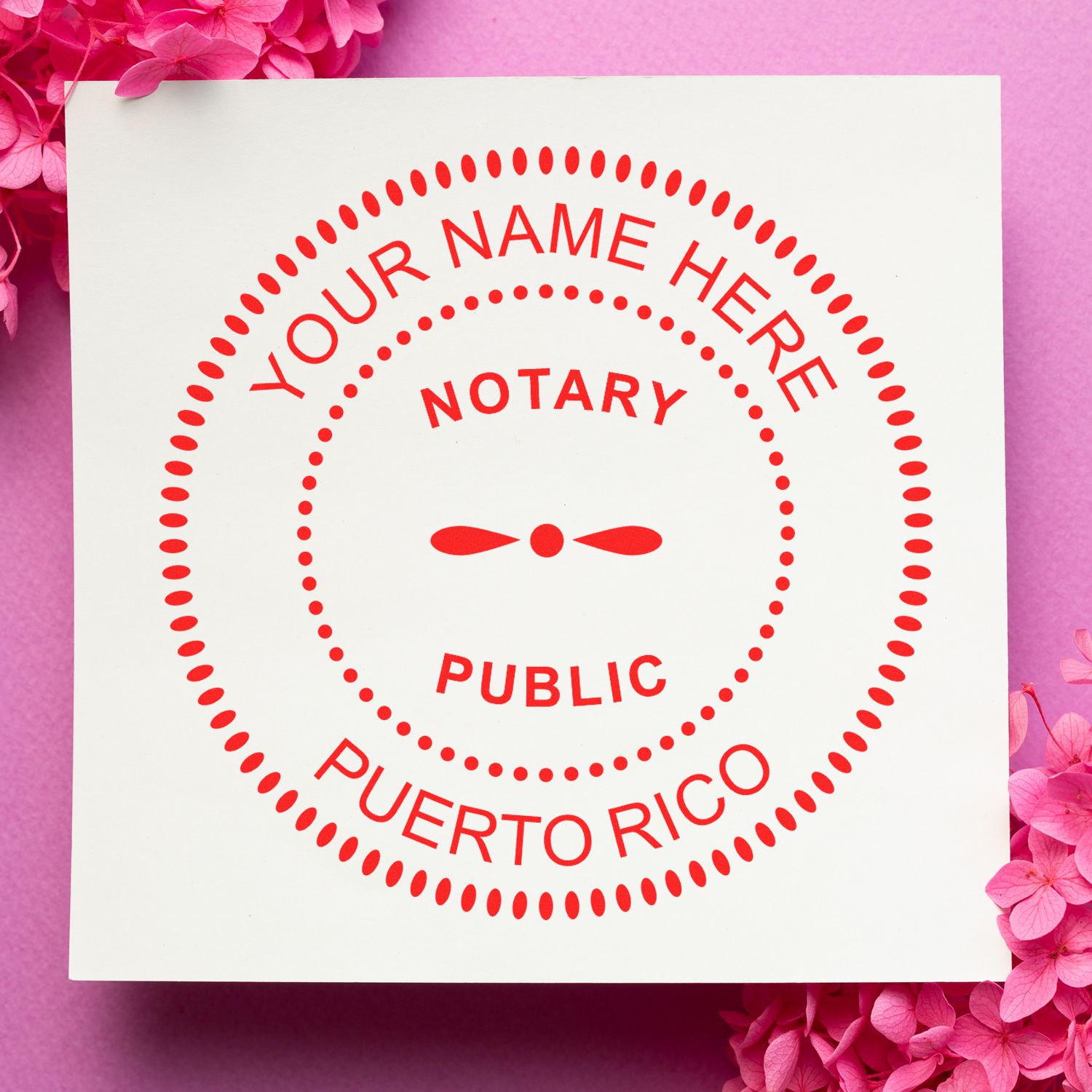 An alternative view of the Official Self-Inking Puerto Rico Notary Stamp stamped on a sheet of paper showing the image in use