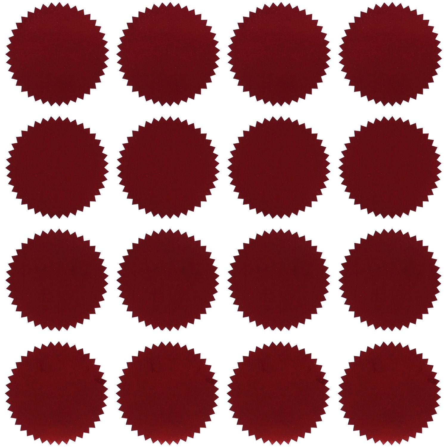 Roll of Red Foil Seals (1,000 Total) displayed in a grid pattern, each seal is circular with a serrated edge, shown against a white background.