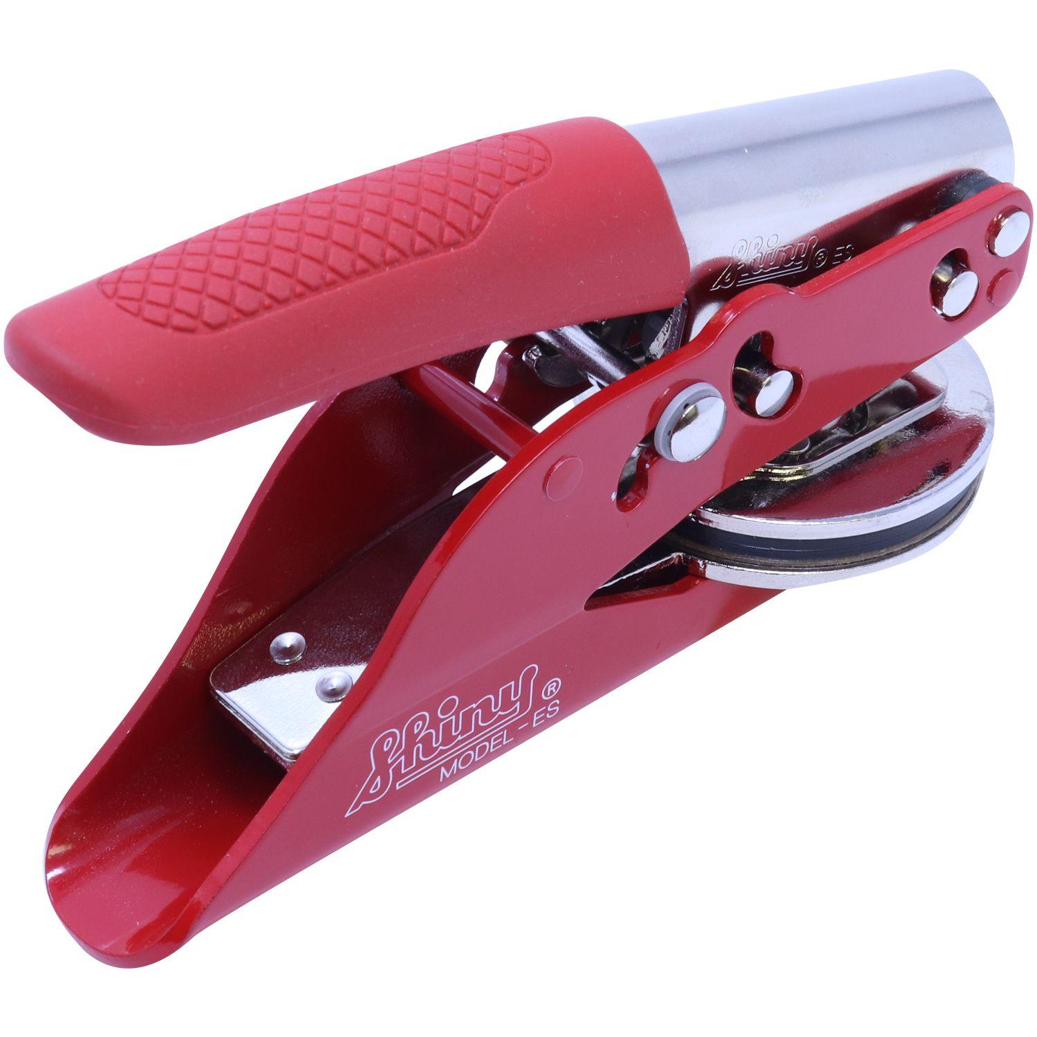 Red Interior Designer Soft Seal Embosser with a textured handle and shiny metal components, model ES, shown from a back left side view.