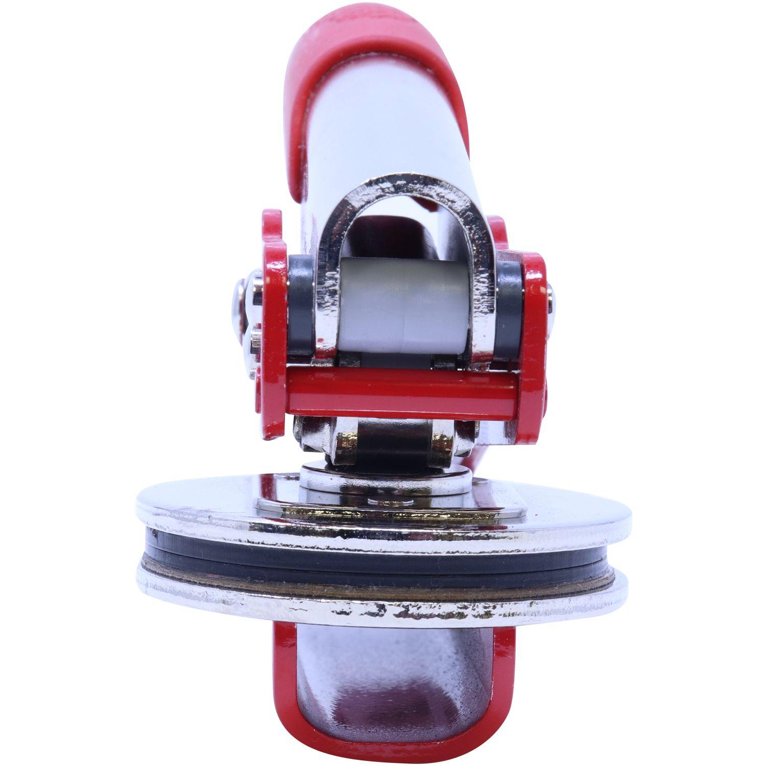 Public Weighmaster Red Soft Seal Embosser, front view showing the red handle and metal embossing plates, designed for official document sealing.