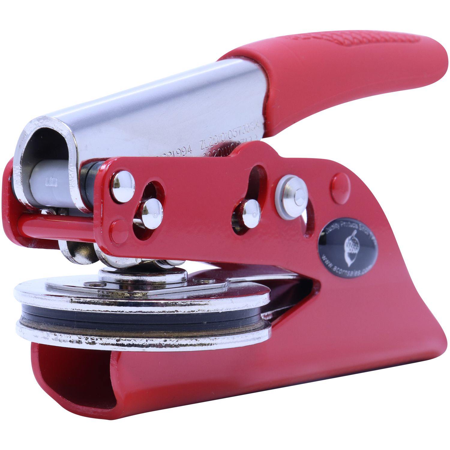 Red Geologist Soft Seal Embosser with a 1-5/8 imprint, featuring a sleek metal handle and red grip, shown from a front angle view.