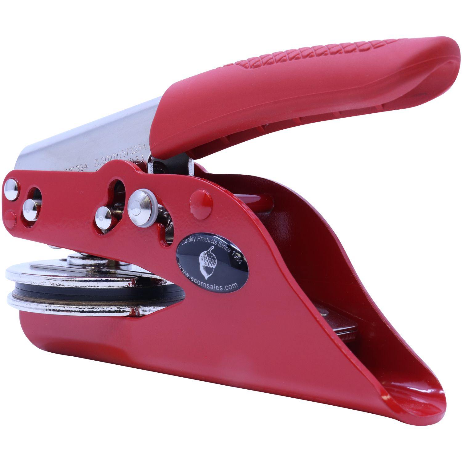 Professional Red Seal Embosser with a red handle and metal components, designed for creating embossed imprints, side view.
