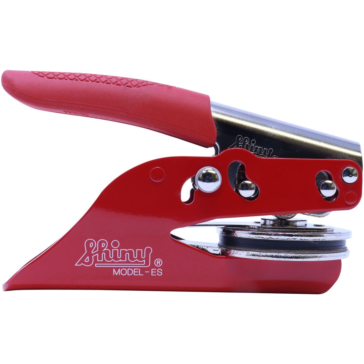 Public Weighmaster Red Soft Seal Embosser with a red handle and metal components, designed for creating embossed imprints.