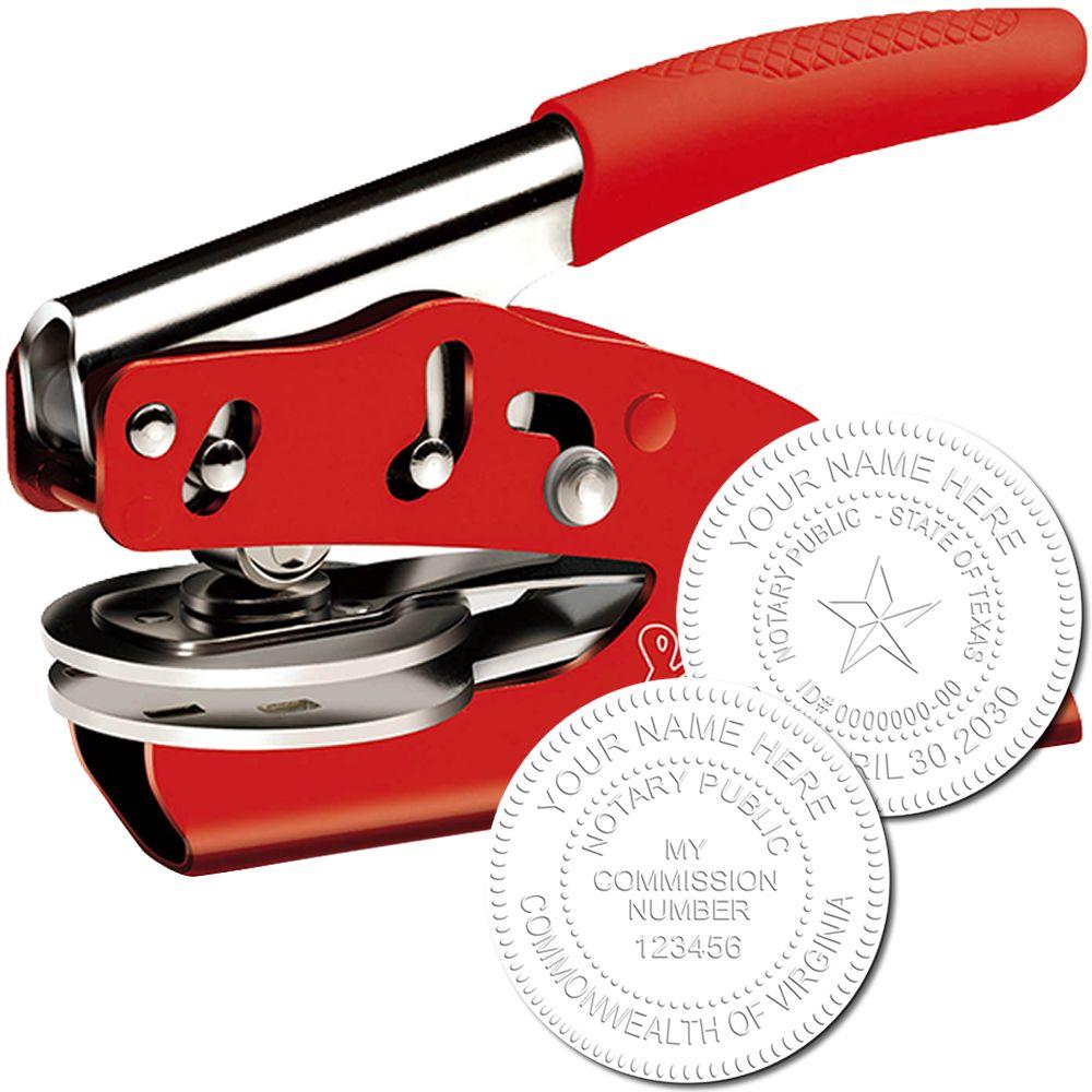 Red Soft Seal Notary Embosser with a red handle and metal components, shown with two embossed notary seals.