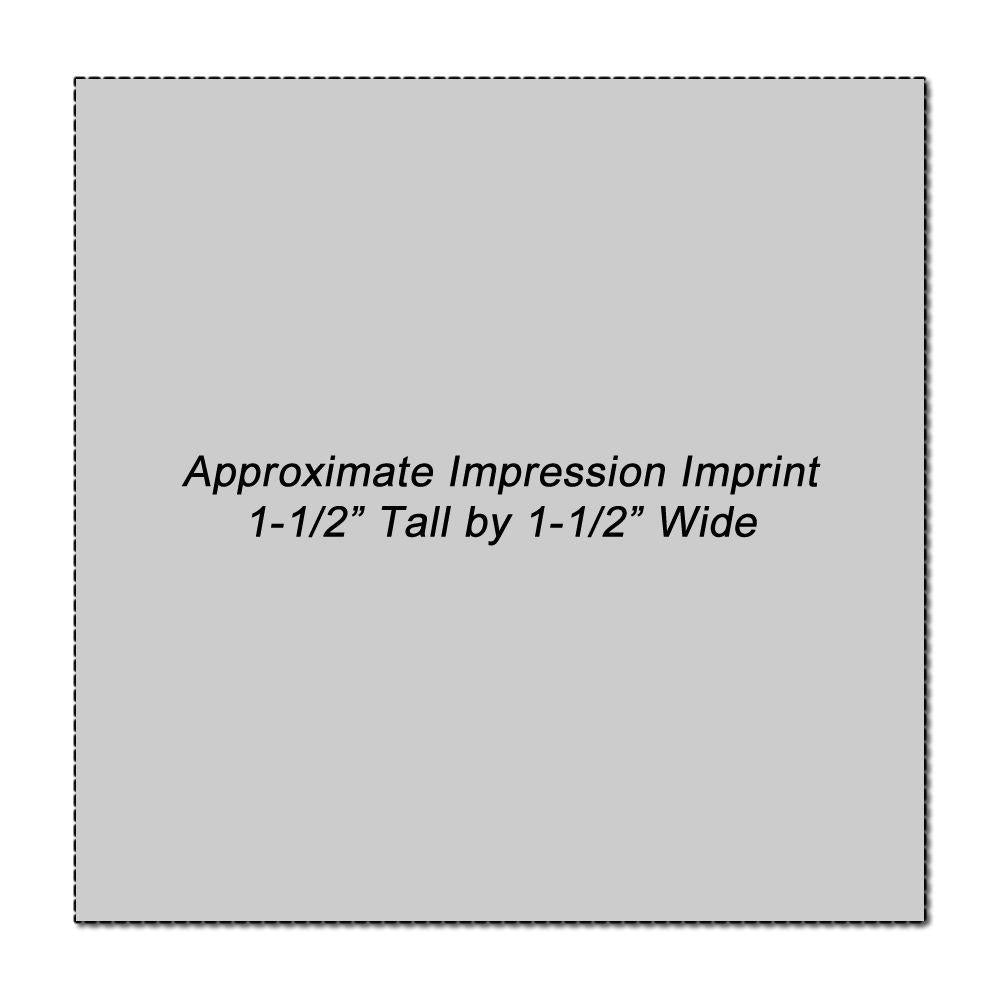 Custom Rubber Stamp Size 1-1/2 x 1-1/2 showing approximate impression imprint dimensions of 1-1/2 tall by 1-1/2 wide.