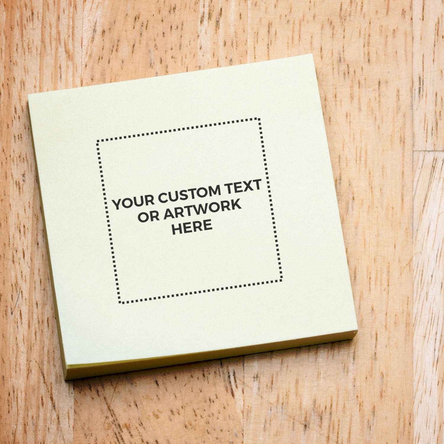 Custom Rubber Stamp Size 1-1/2 x 1-1/2 on a wooden surface, displaying YOUR CUSTOM TEXT OR ARTWORK HERE in black ink.