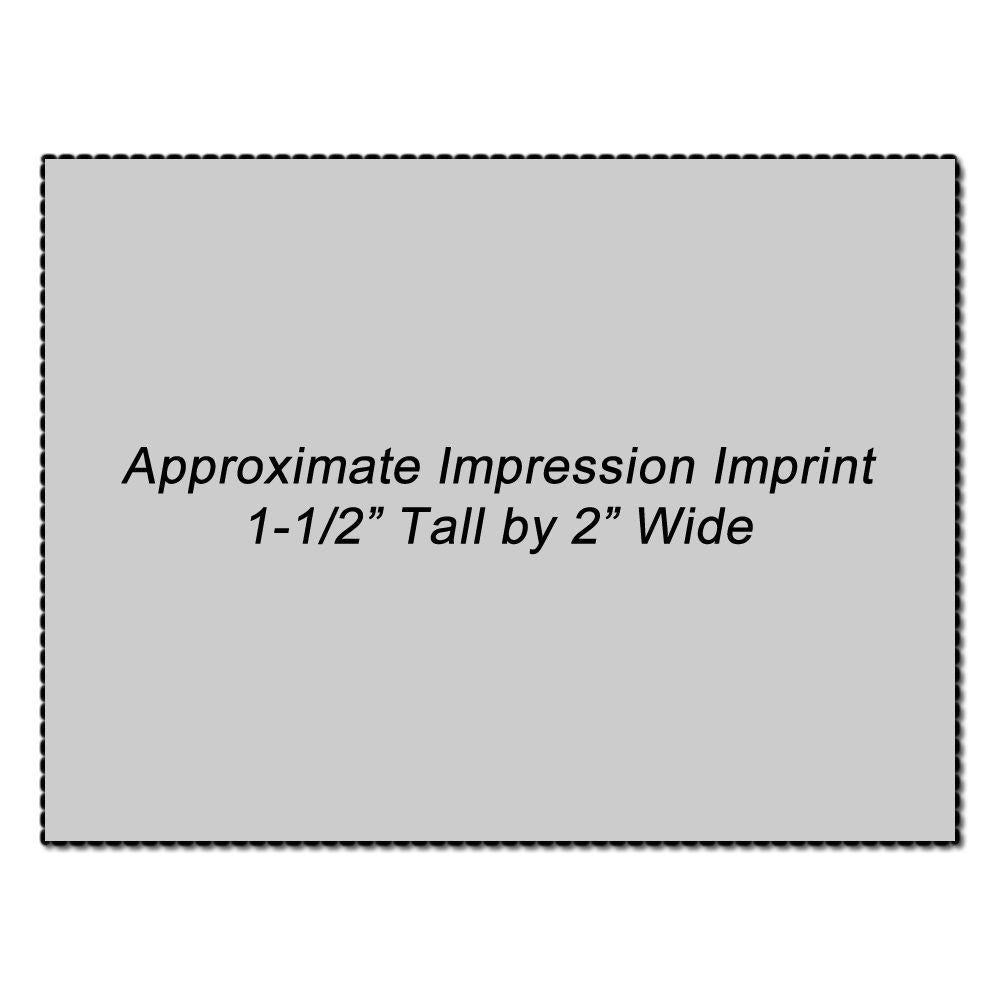 Custom Rubber Stamp Size 1-1/2 x 2 imprint sample showing approximate impression size of 1-1/2 inches tall by 2 inches wide on a gray background.