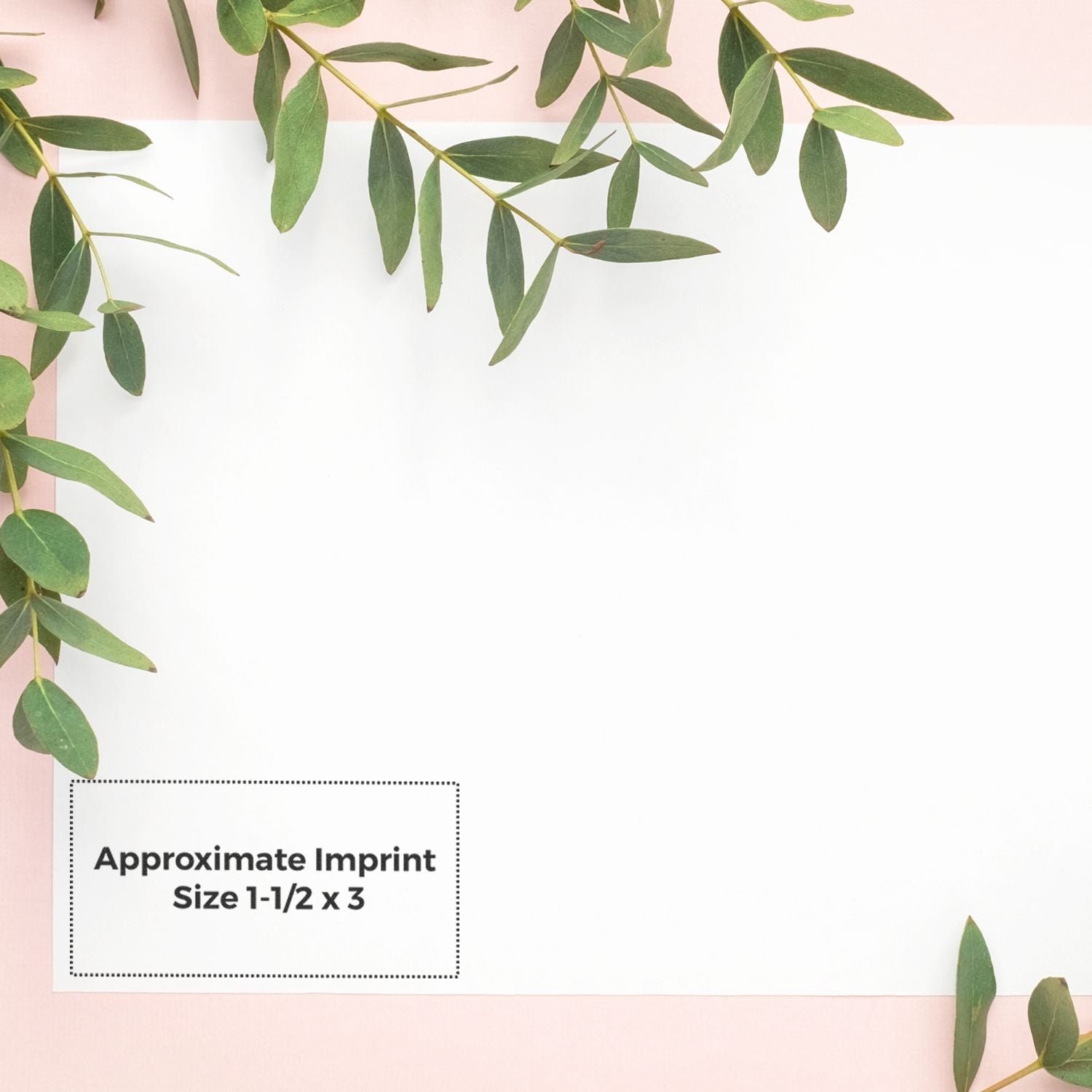 Custom Rubber Stamp Size 1-1/2 x 3 on a white background with green leaves. Text reads Approximate Imprint Size 1-1/2 x 3 .